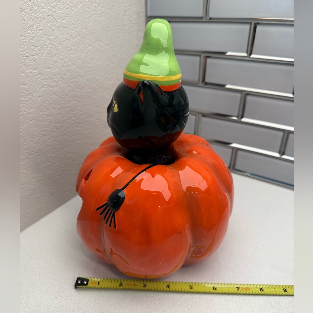 Ceramic Happy Halloween Candy Dish Candle Holder Pumpkin Black Cat - Picture 14 of 14